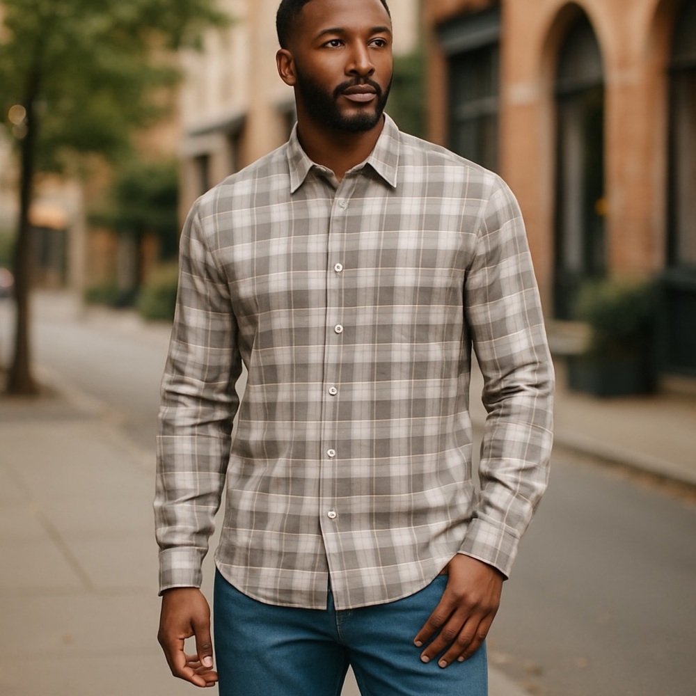 John Varvatos USA Shirt Men M Grey Brown PlaiID  Long Sleeve Button Lightweight
